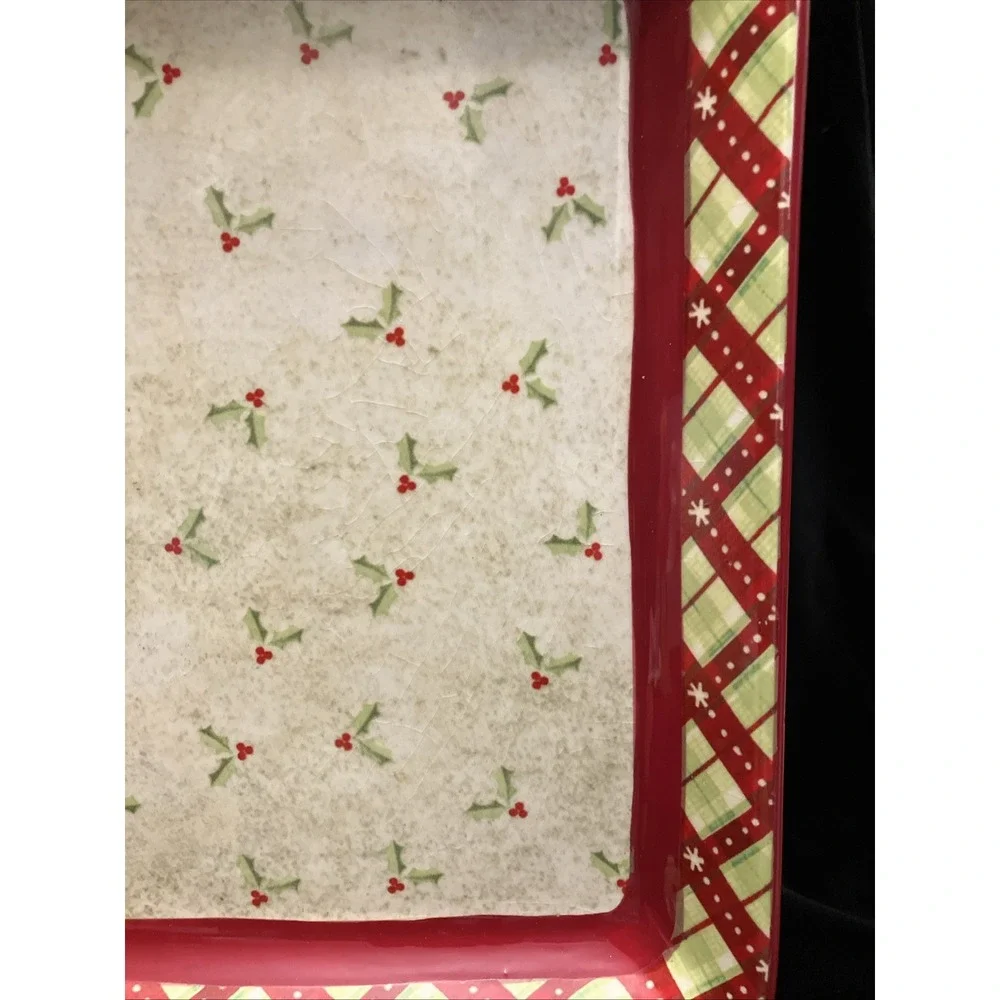 Debbie Mumm JoAnn 2008 Holly Berries Square Porcelain Serving Platter Plaid Chip